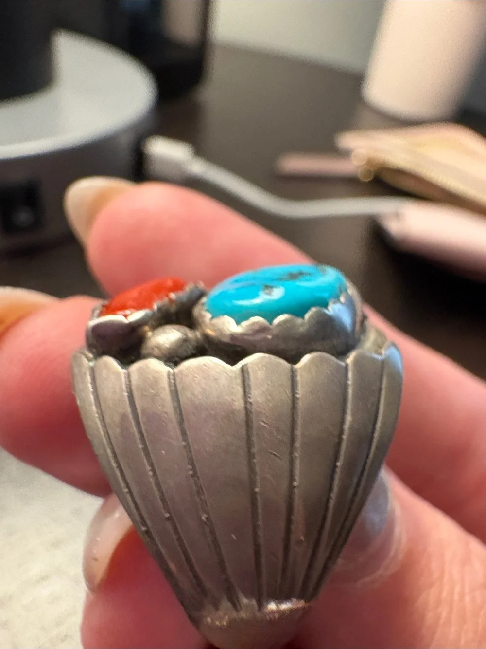 Vintage Navajo Sterling Silver Turquoise and Coral Shadowbox Ring Men’s 9.5-10.5
